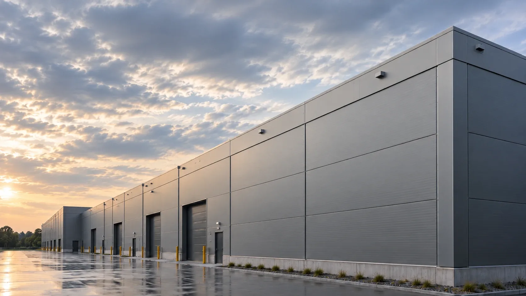 Visualisation: grey industrial building with a flat roof and parapet