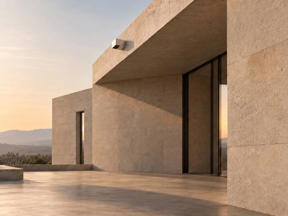 Visualisation: light stone facade with a small emergency overflow under the parapet